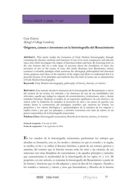 TALIA DIXIT 3 (2008), 77-103 ISSN 1886-9440 | PÃ¡gina Cesc Esteve