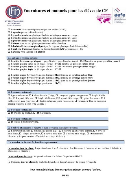 Fournitures et manuels pour les Ã©lÃ¨ves de CP