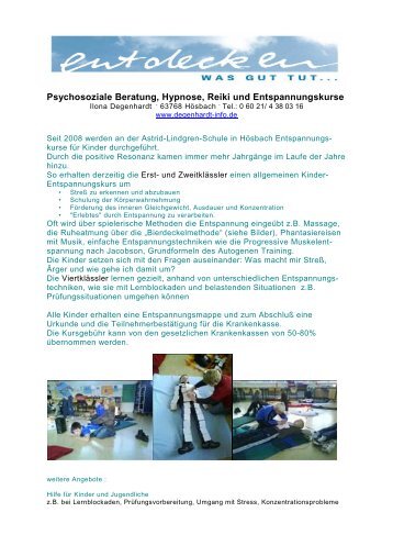 Psychosoziale Beratung, Hypnose, Reiki und Entspannungskurse