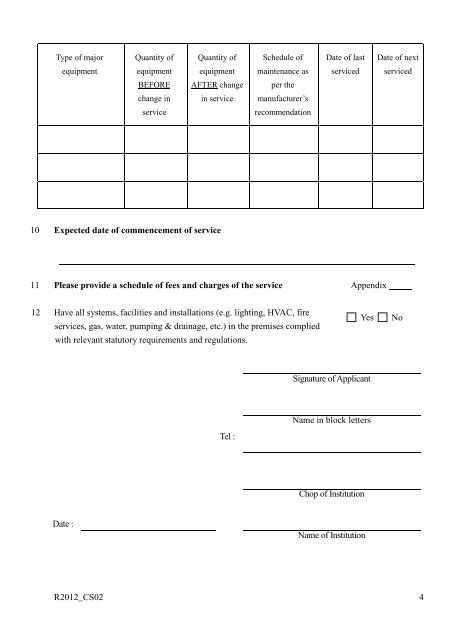 Application Form for Change of Services