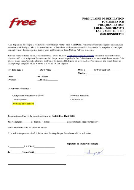 formulaire de rÃ©siliation publidispatch free resiliation 6 rue dÃ©sir ...