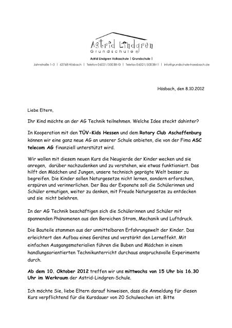 Elternbrief zur AG-Technk zum herunterladen - Grundschule Hösbach