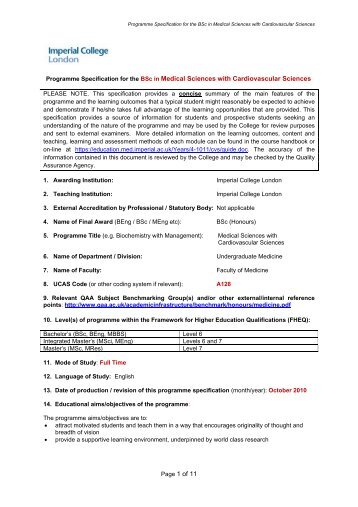 Programme Specification for the BSc in Medical Sciences with ...