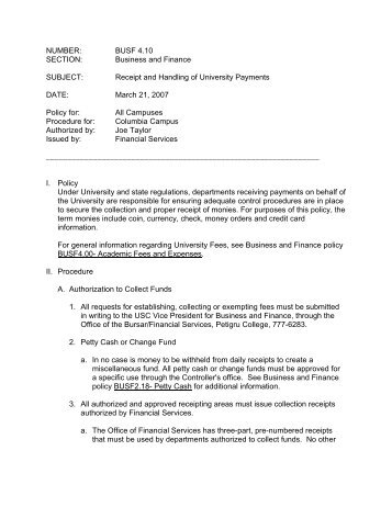 BUSF 4.10 Receipt and Handling of University Payments