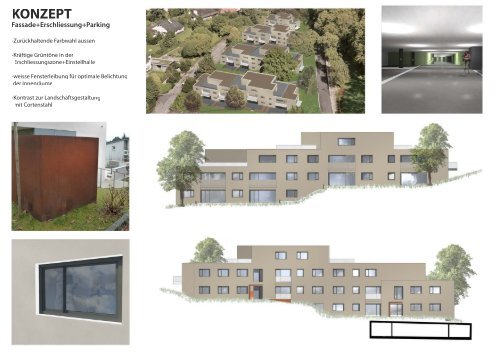 Farbkonzept Fassade, Erschliessung und Parking