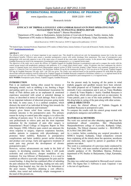 efficacy of triphala guggulu and gandhak rasayan in post operative ...