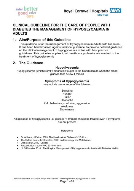 Guidelines for the management of hypoglycaemia in adults