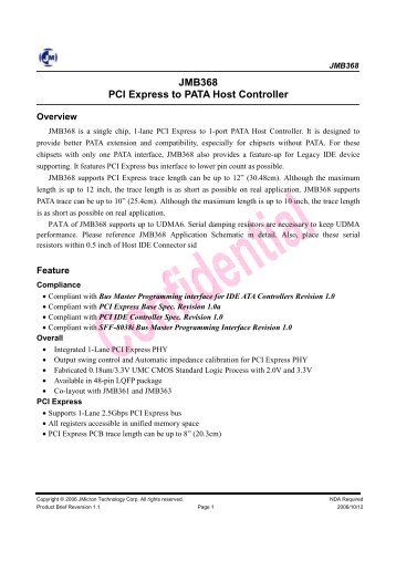 JMB368 PCI Express to PATA Host Controller - JMicron Technology