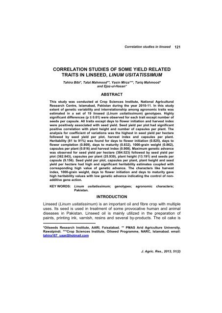 correlation studies of some yield related traits in linseed, linum ...