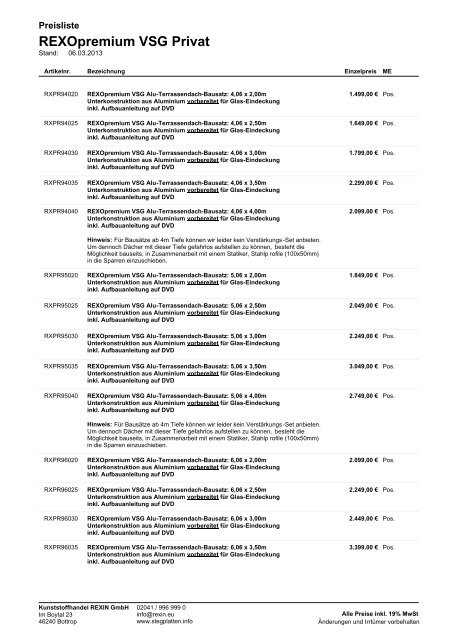 Preisliste REXOpremium Alu-Terrassenüberdachungen, VSG