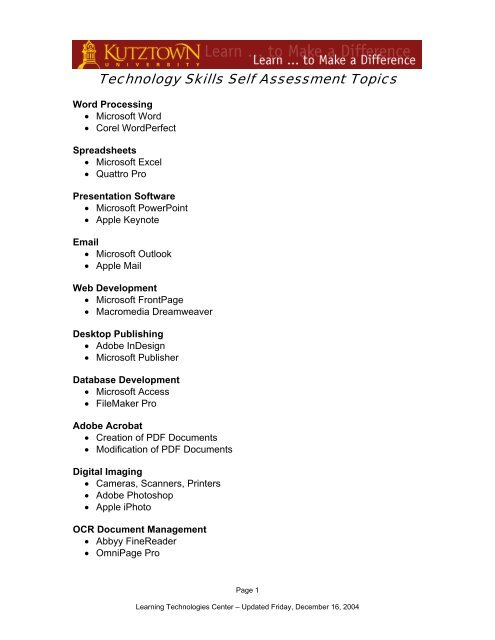 Technology Skills Self Assessment Topics