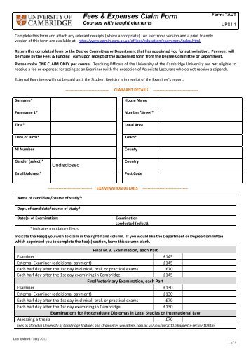 Payment of fees and expenses form for examiners for postgraduate