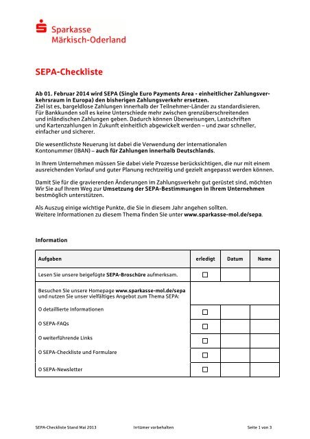 Checkliste SEPA MOL - Sparkasse MÃƒÂ¤rkisch-Oderland