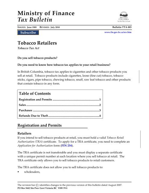 Bulletin TTA 003 Tobacco Retailers Jul 2010