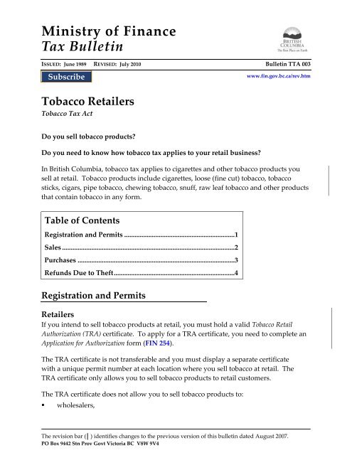 tobacco registration Bulletin TTA 003 Tobacco Retailers Jul 2010