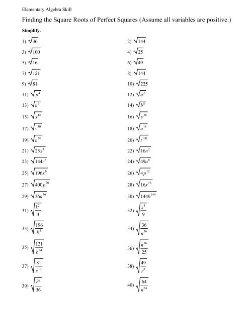 Finding The Square Roots Of Perfect Squares Assume All Variables