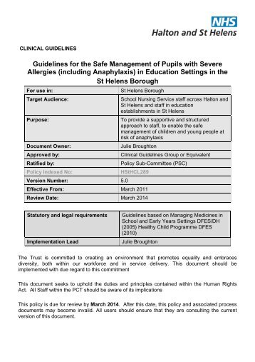 Guidelines for the Safe Management of Pupils with Severe Allergies ...