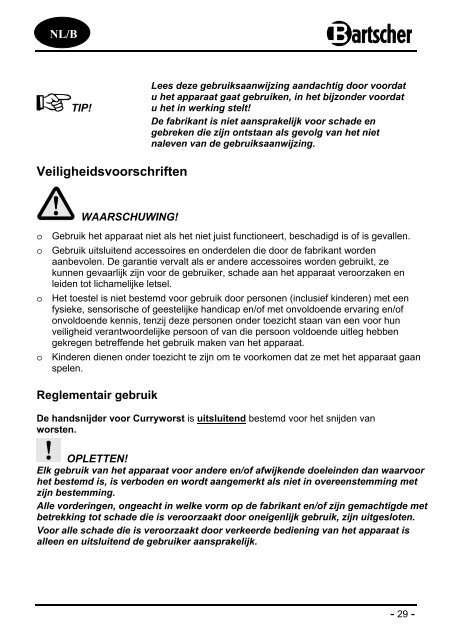 Bedienungsanleitung Instruction manual Mode d ... - Bartscher GmbH