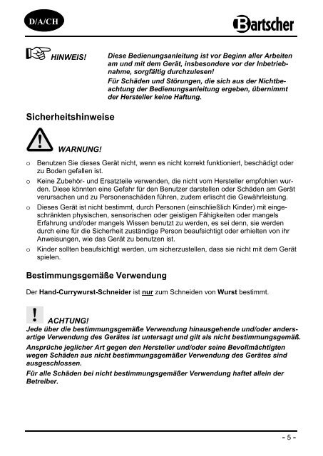 Bedienungsanleitung Instruction manual Mode d ... - Bartscher GmbH