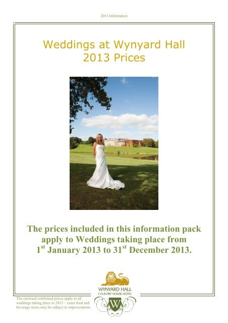 Wedding Prices 2013 Wynyard Hall