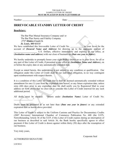 Irrevocable Standby Letter of Credit Form - Lawyers Mutual Insurance