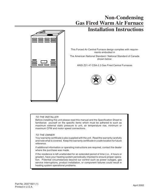 Non-Condensing Gas Fired Warm Air Furnace Installation Instructions