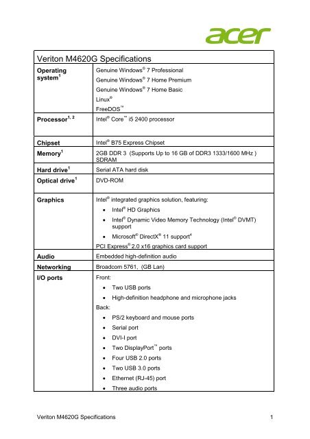 Veriton M4620 Specifications - Acer India