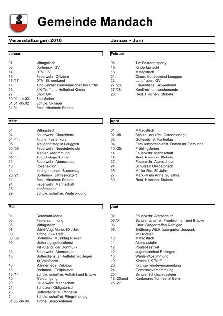 Veranstaltungenskalender 2010 - Gemeinde Mandach