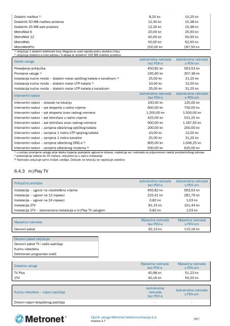 CJENIK USLUGA METRONET TELEKOMUNIKACIJA D.D.
