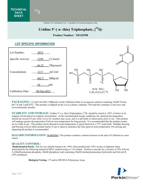 Uridine 5'-( Î±- thio) Triphosphate, [35 S]- - PerkinElmer