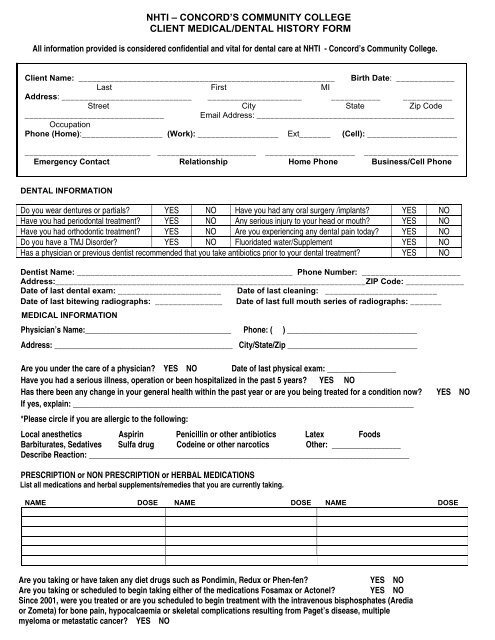 NHTI BTC Client Medical Dental History Form Revised 11 2012