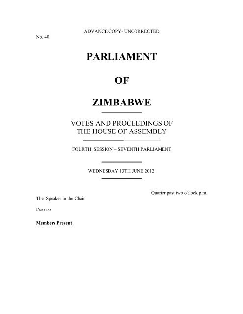 13 June 2012 Vol 40 - Zimbabwe Parliament