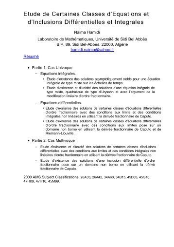 Etude de Certaines Classes d'Equations et d'Inclusions ...