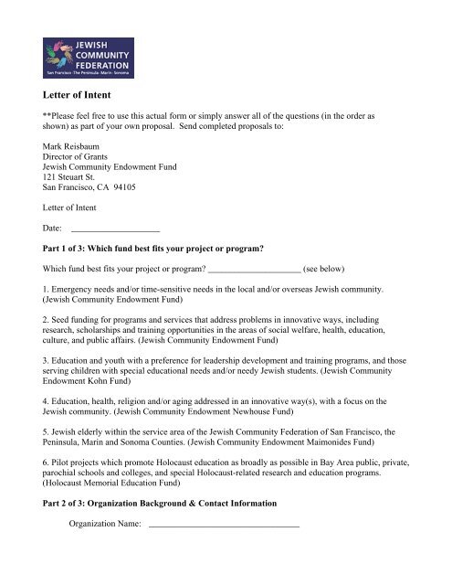 Letter of Intent - Jewish Community Federation