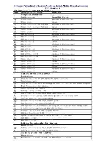 Technical Particulars For Laptop, Notebook, Tablet, Mobile PC and ...