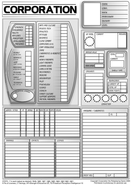 Character Sheet - CORPORATION RPG