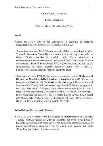 CURRICULUM VITAE Fabio Romanelli Nato a Udine il 22 settembre ...