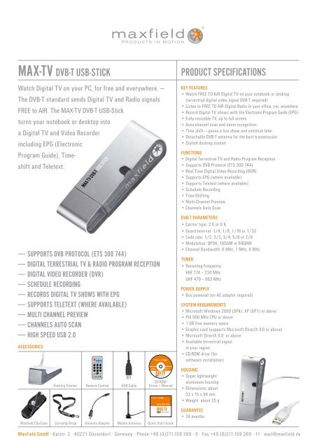 product specifications max-tv dvb-t usb-stick - Motorcaravanning.co.uk