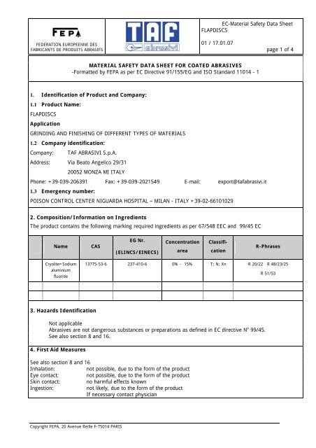 Material safety data sheets - TAF ABRASIVI