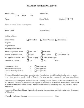 DISABILITY SERVICES INTAKE FORM Student Name - Mount Saint ...