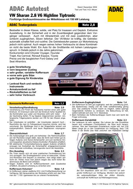 Umfassender Test Vw Sharan 2 8 V6 Highline Tiptronic Adac