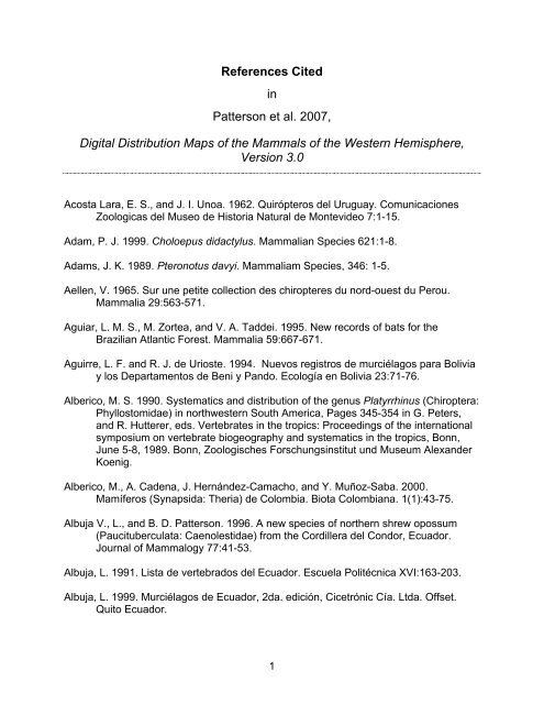 References Cited in Patterson et al. 2007, Digital ... - NatureServe