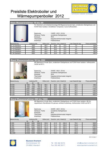 Preisliste Elektroboiler - Baumann Enertech