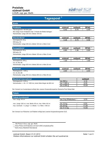 südmail-Preisliste, Stand 01.01.2013