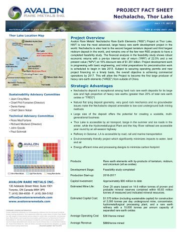 PROJECT FACT SHEET Nechalacho, Thor Lake - Avalon Rare Metals