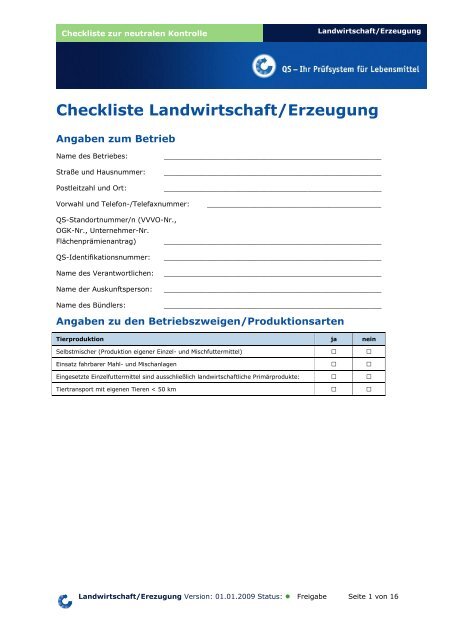 Checkliste Landwirtschaft/Erzeugung - Eichenhof