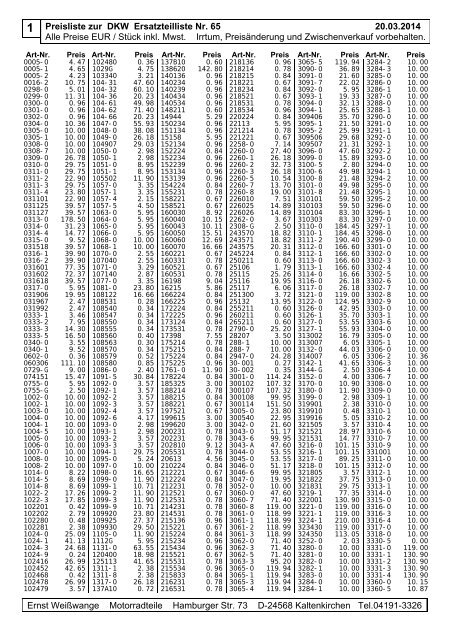 Preisliste zur DKW Ersatzteilliste Nr. 65 16.06 ... - Ernst WeiÃwange