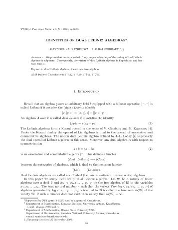 IDENTITIES OF DUAL LEIBNIZ ALGEBRAS* 1. Introduction Recall ...