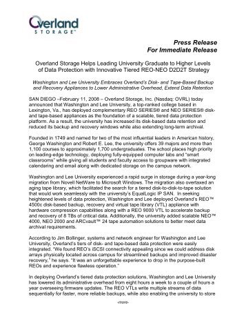 Press Release For Immediate Release - Overland Storage