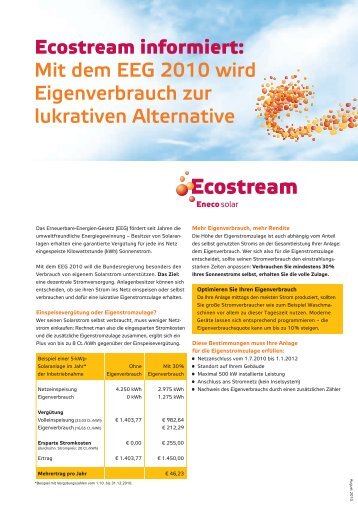 Ecostream informiert: Mit dem EEG 2010 wird Eigenverbrauch zur ...
